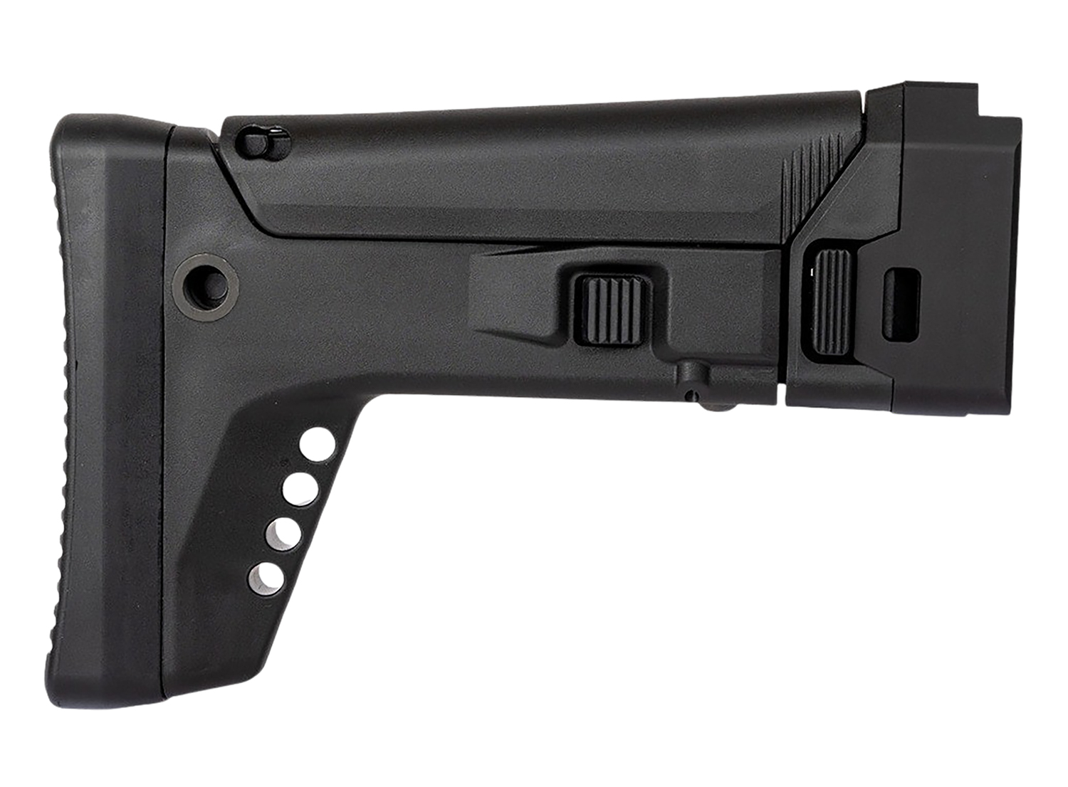 Black adjustable rifle stock on white background