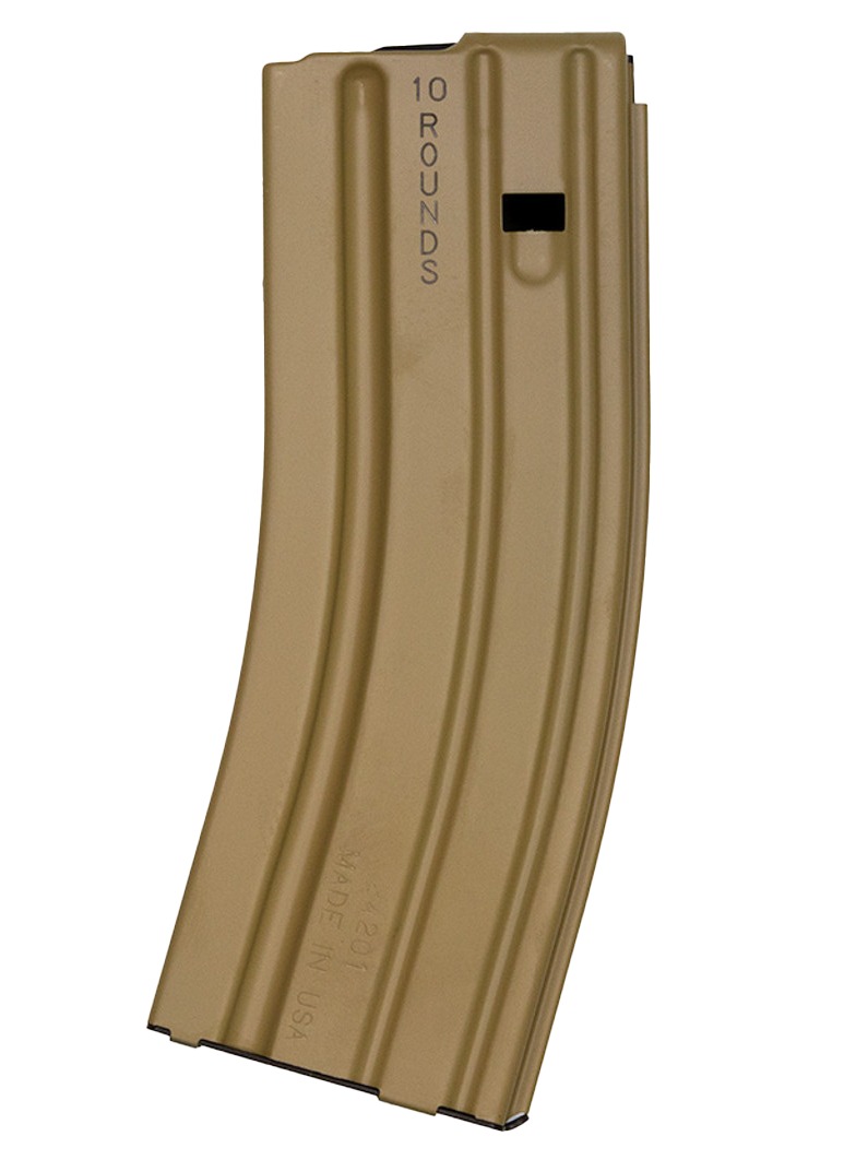Tan 10-round rifle magazine on white background
