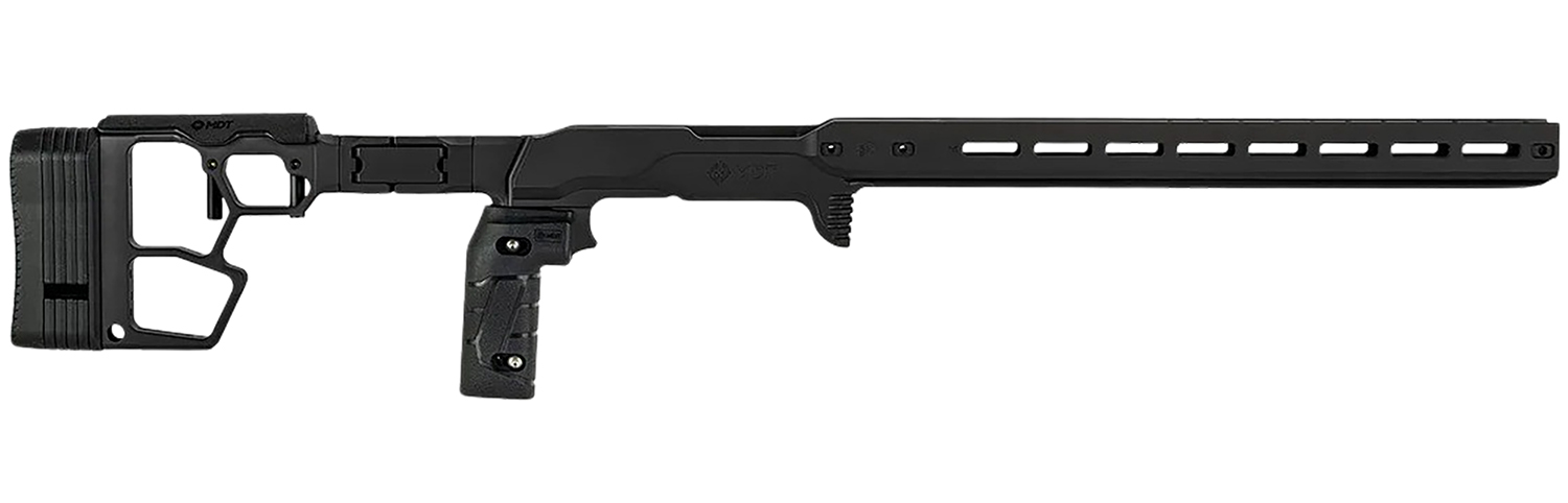 Black tactical rifle chassis with adjustable stock