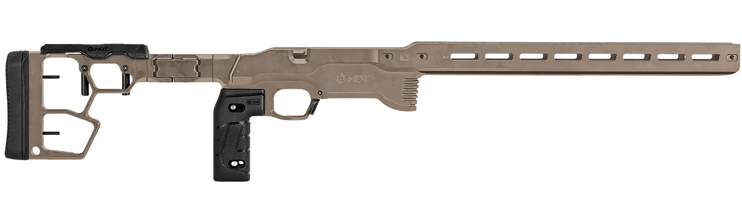 Tan precision rifle chassis with adjustable stock