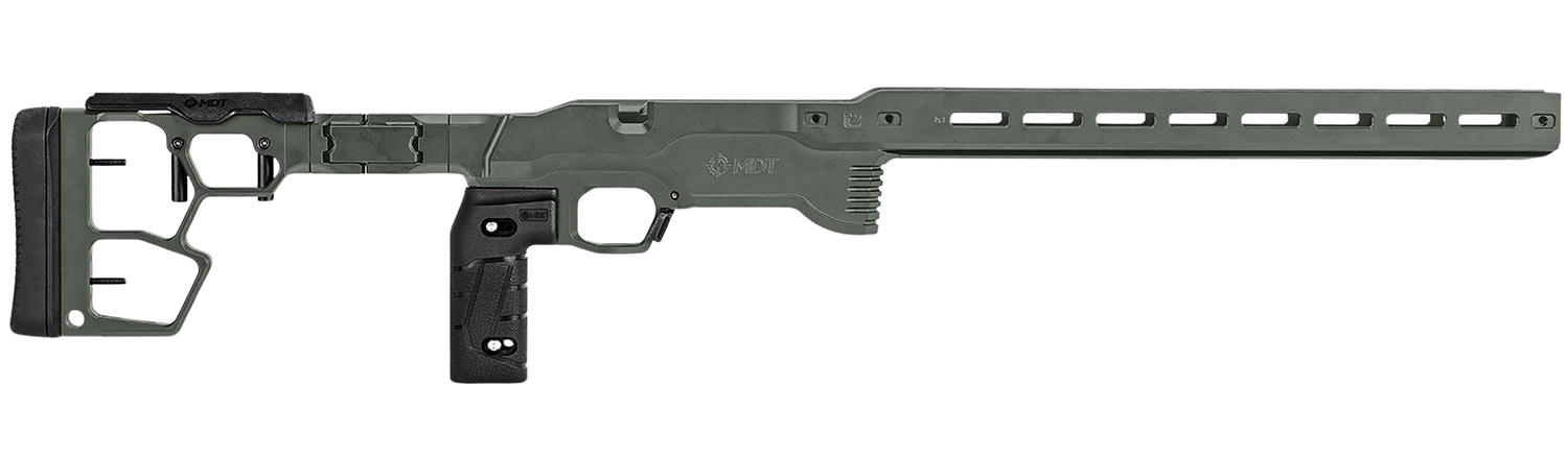 Olive green precision rifle chassis with pistol grip