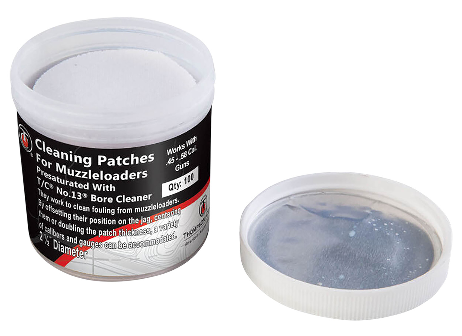 Container of muzzleloader cleaning patches with lid off