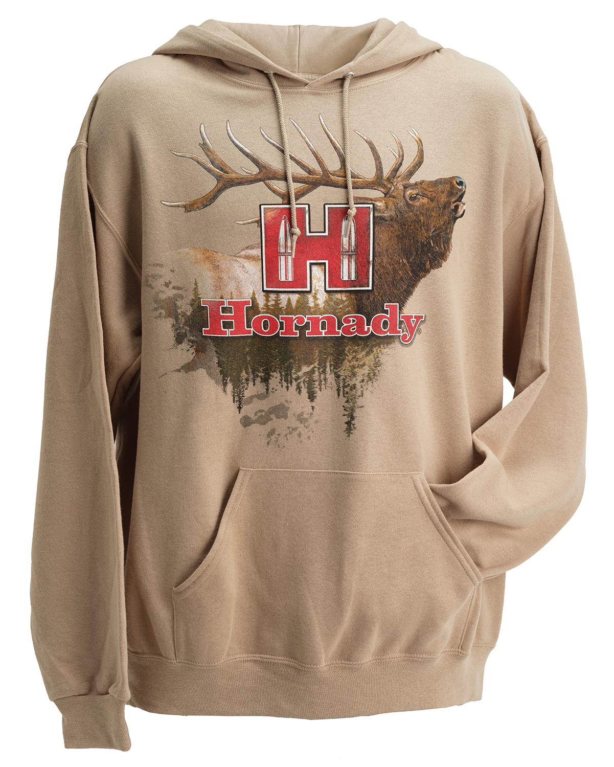 Tan hoodie with elk and Hornady logo
