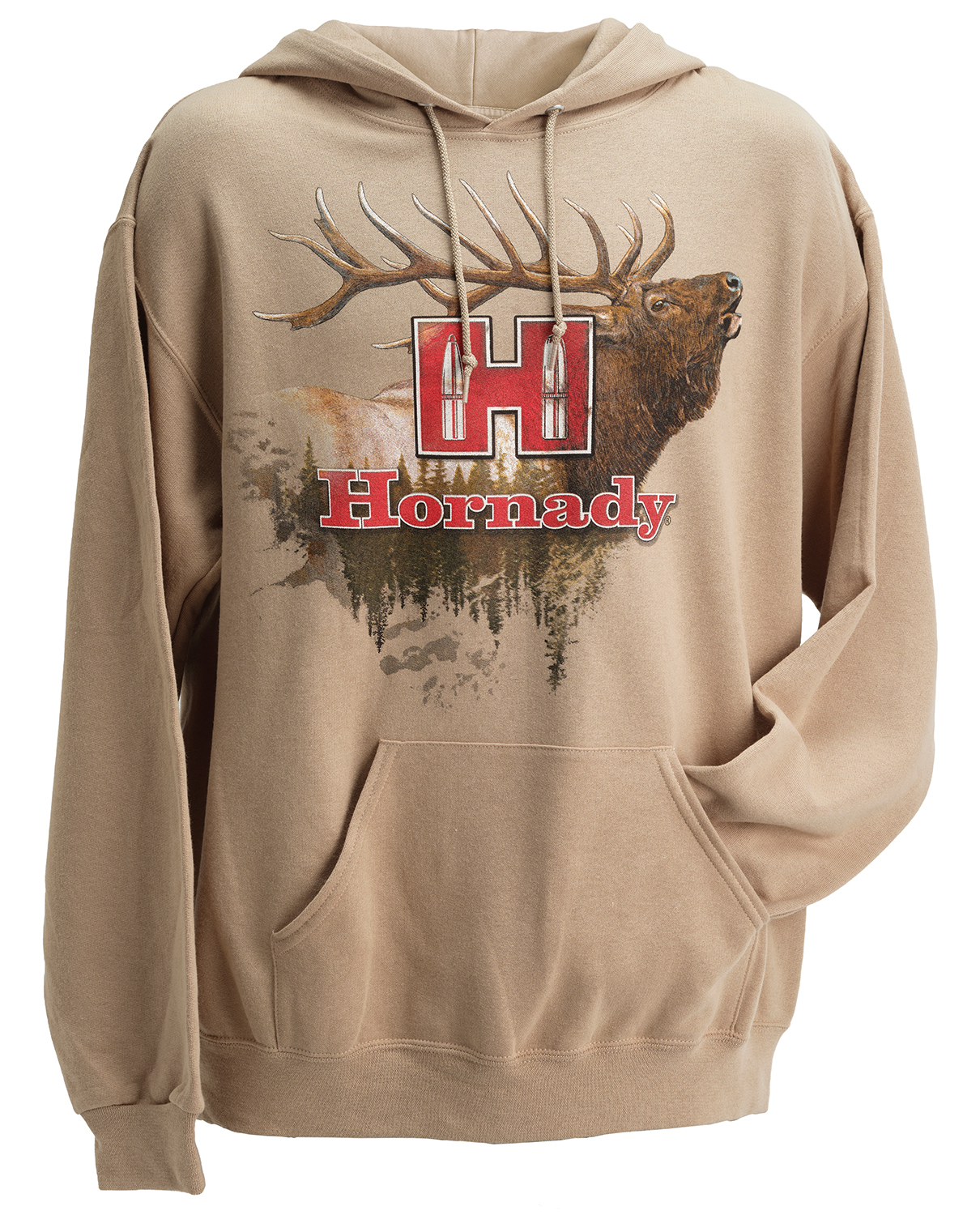 Tan hoodie with elk and Hornady logo