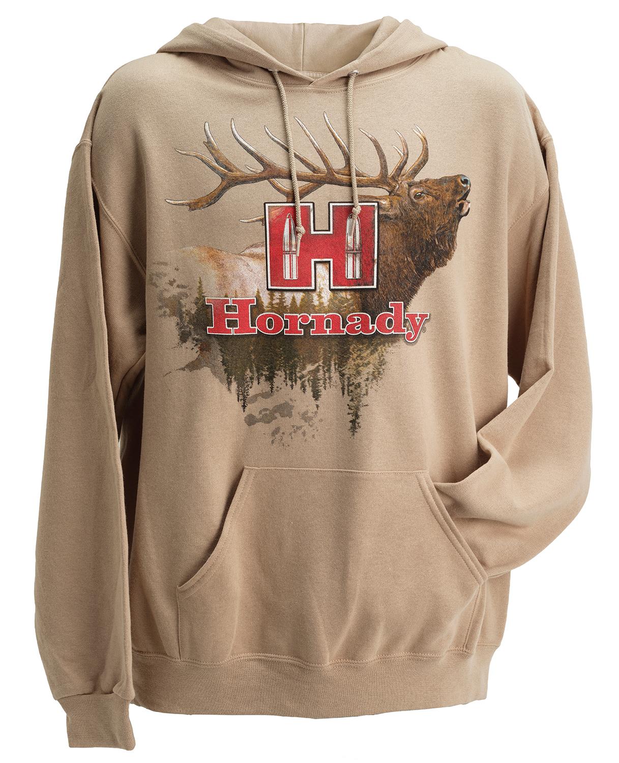Tan hoodie with elk and Hornady logo