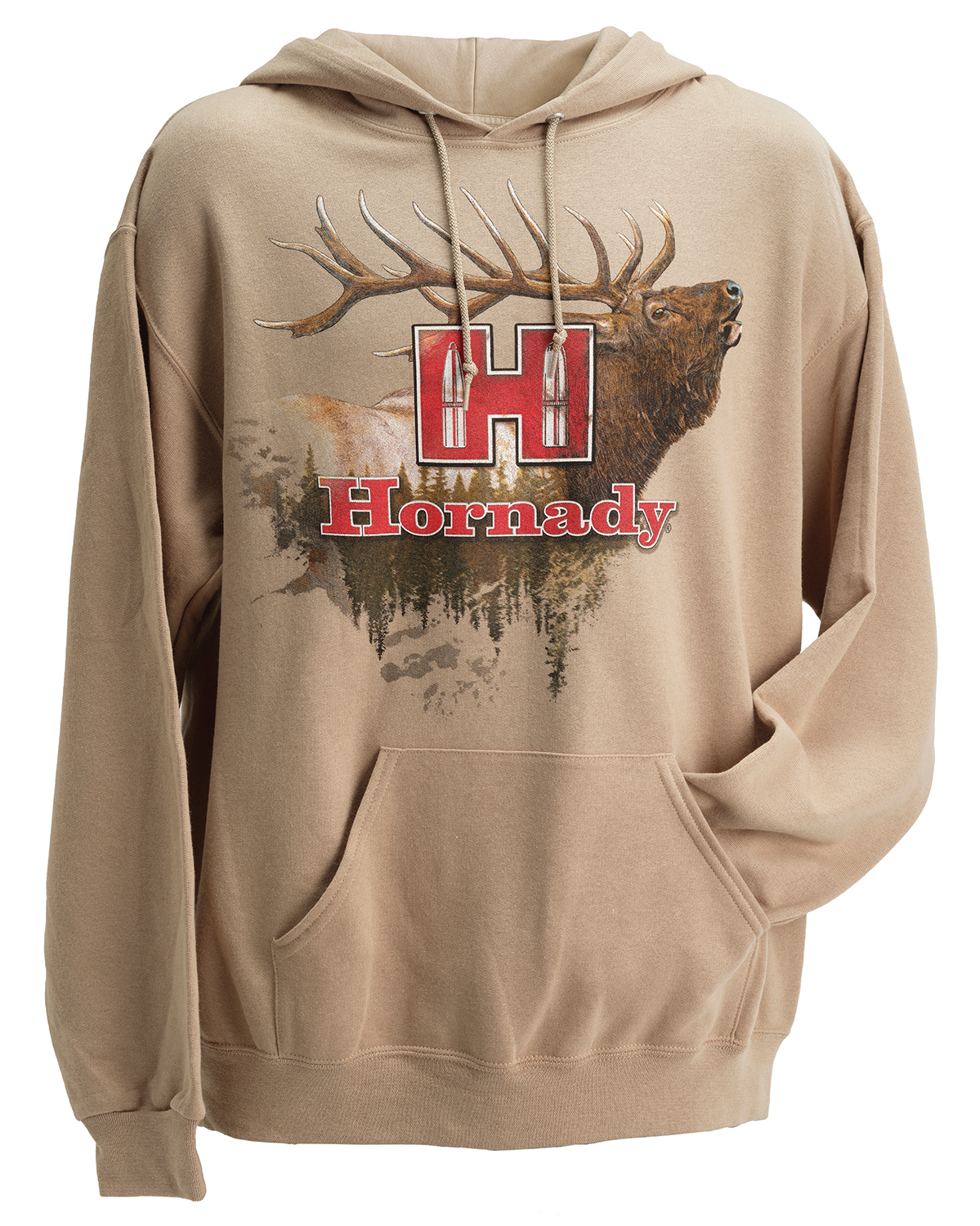 Tan hoodie with elk and Hornady logo