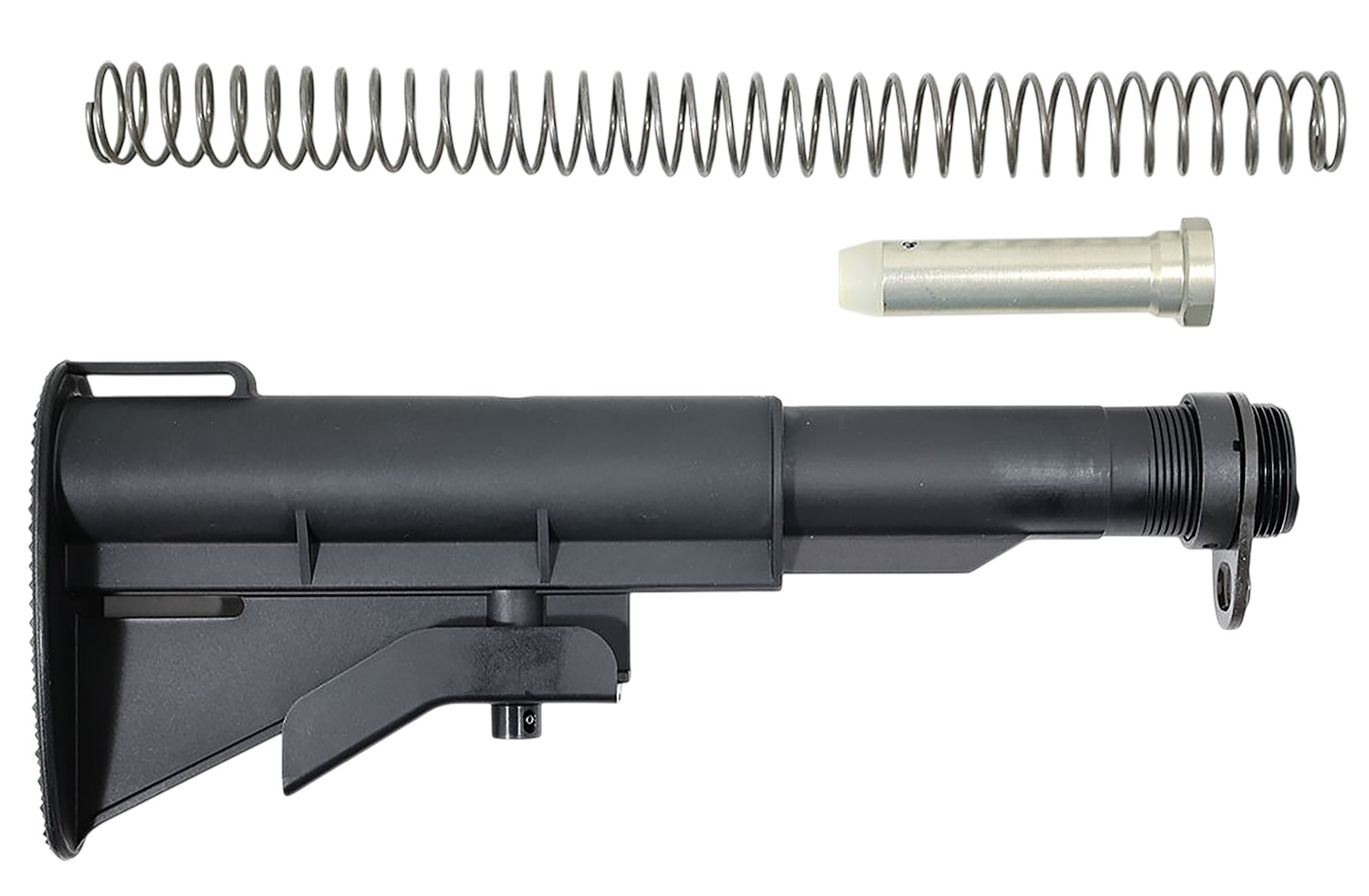 Rifle stock assembly with buffer tube and spring