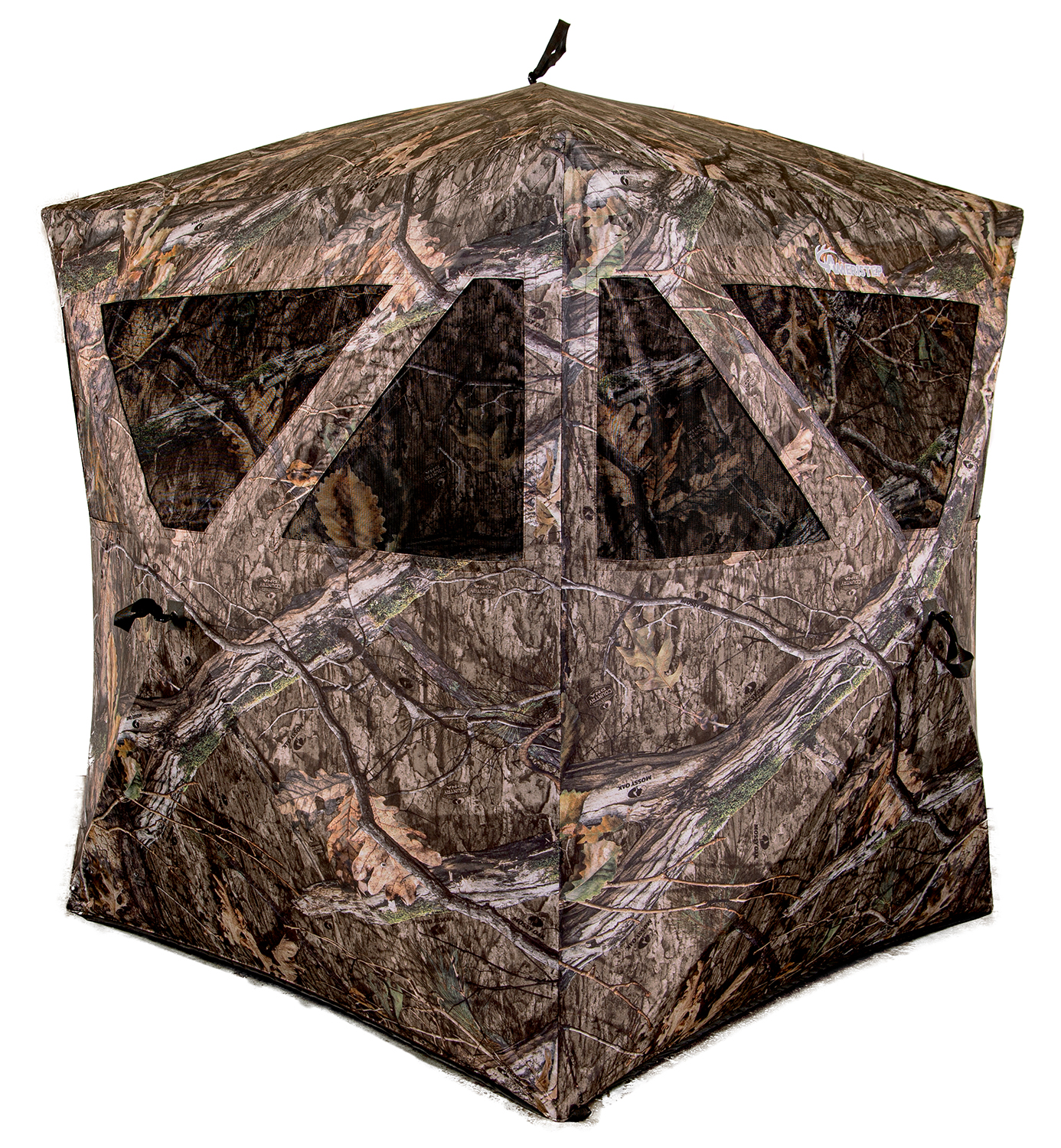 Camouflage hunting blind tent with mesh windows