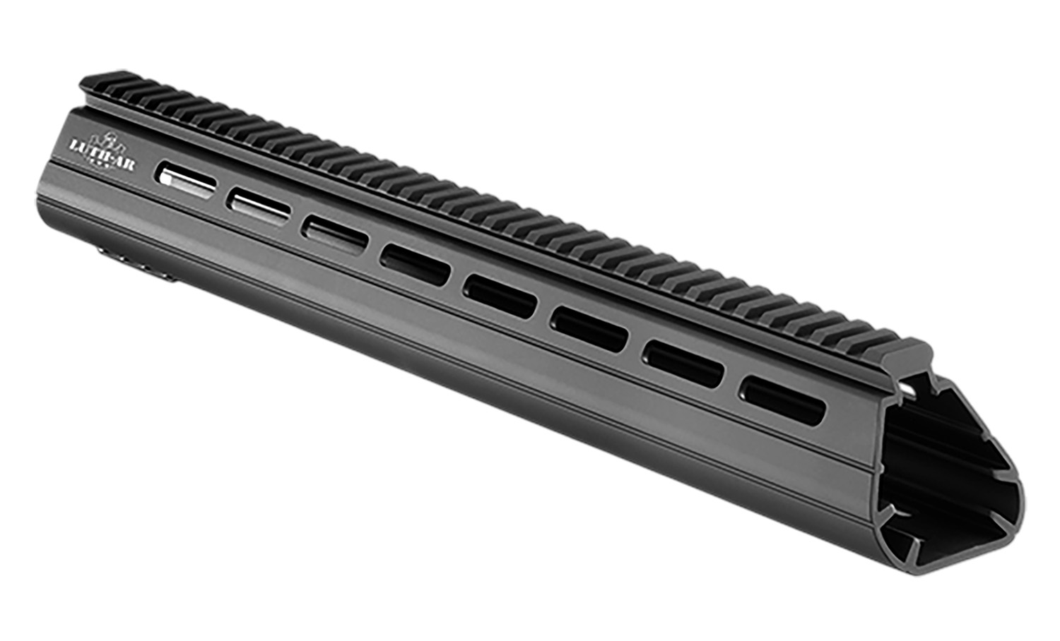Black aluminum rifle handguard with top rail