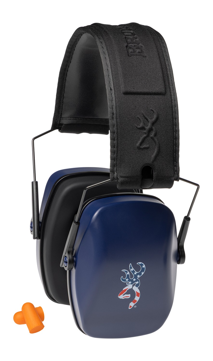 Blue over-ear hearing protection with orange earplugs