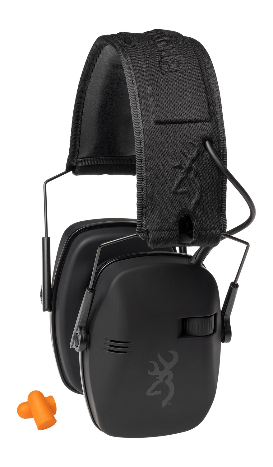 Black over-ear hearing protection with orange earplugs