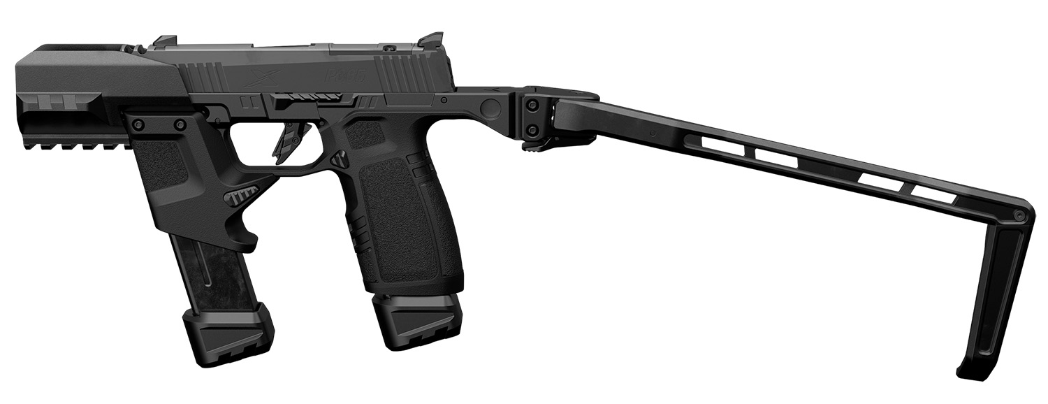 Black handgun with extended magazine and folding stock