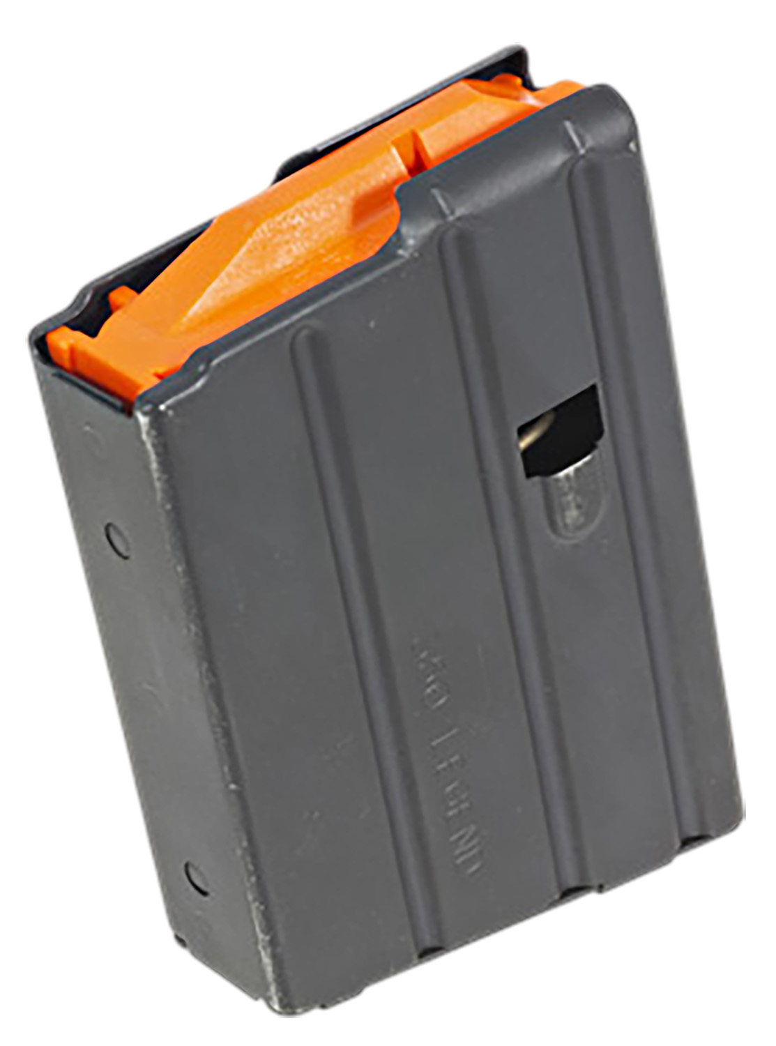 Metal rifle magazine with orange follower