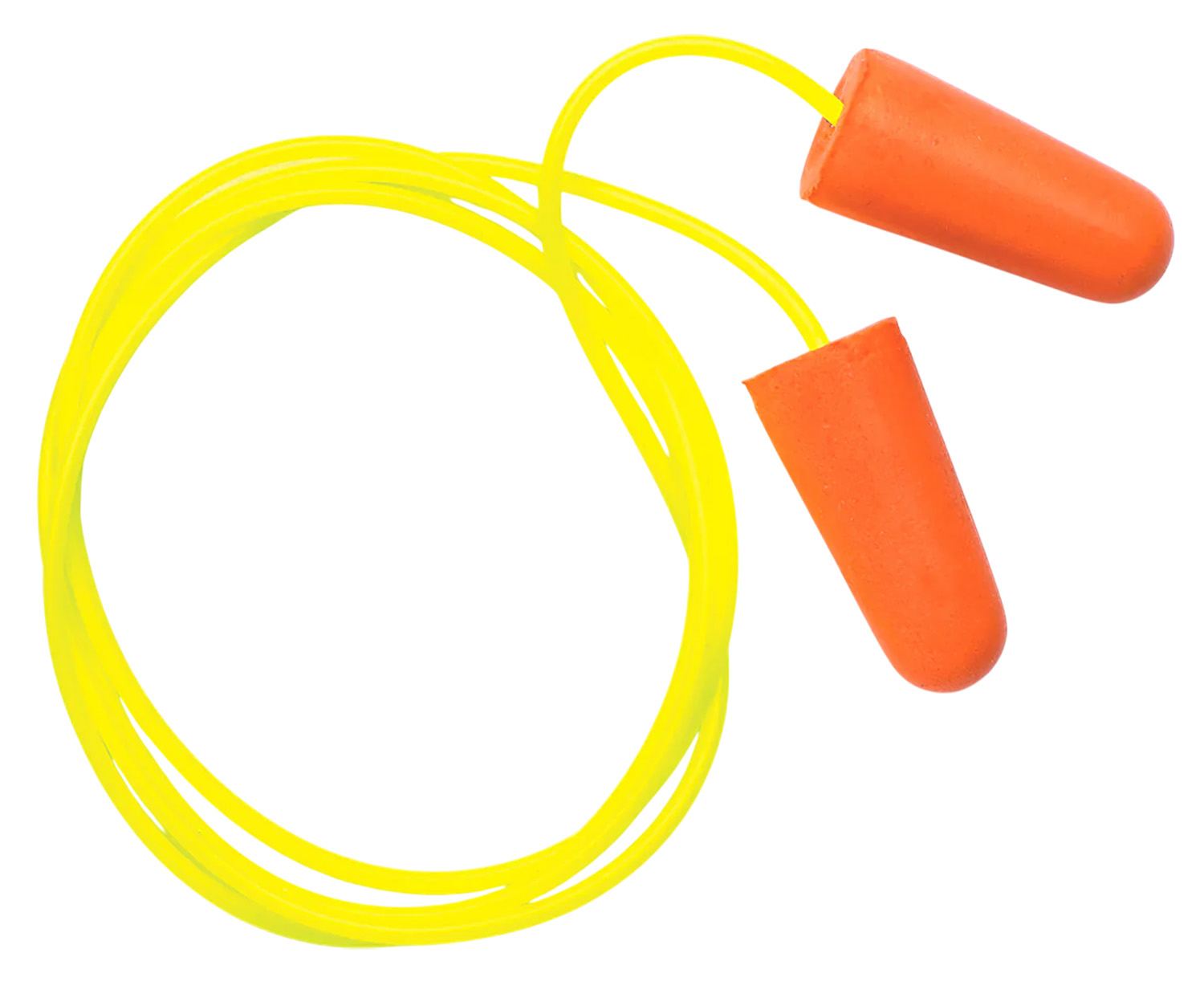 Corded orange foam earplugs on white background