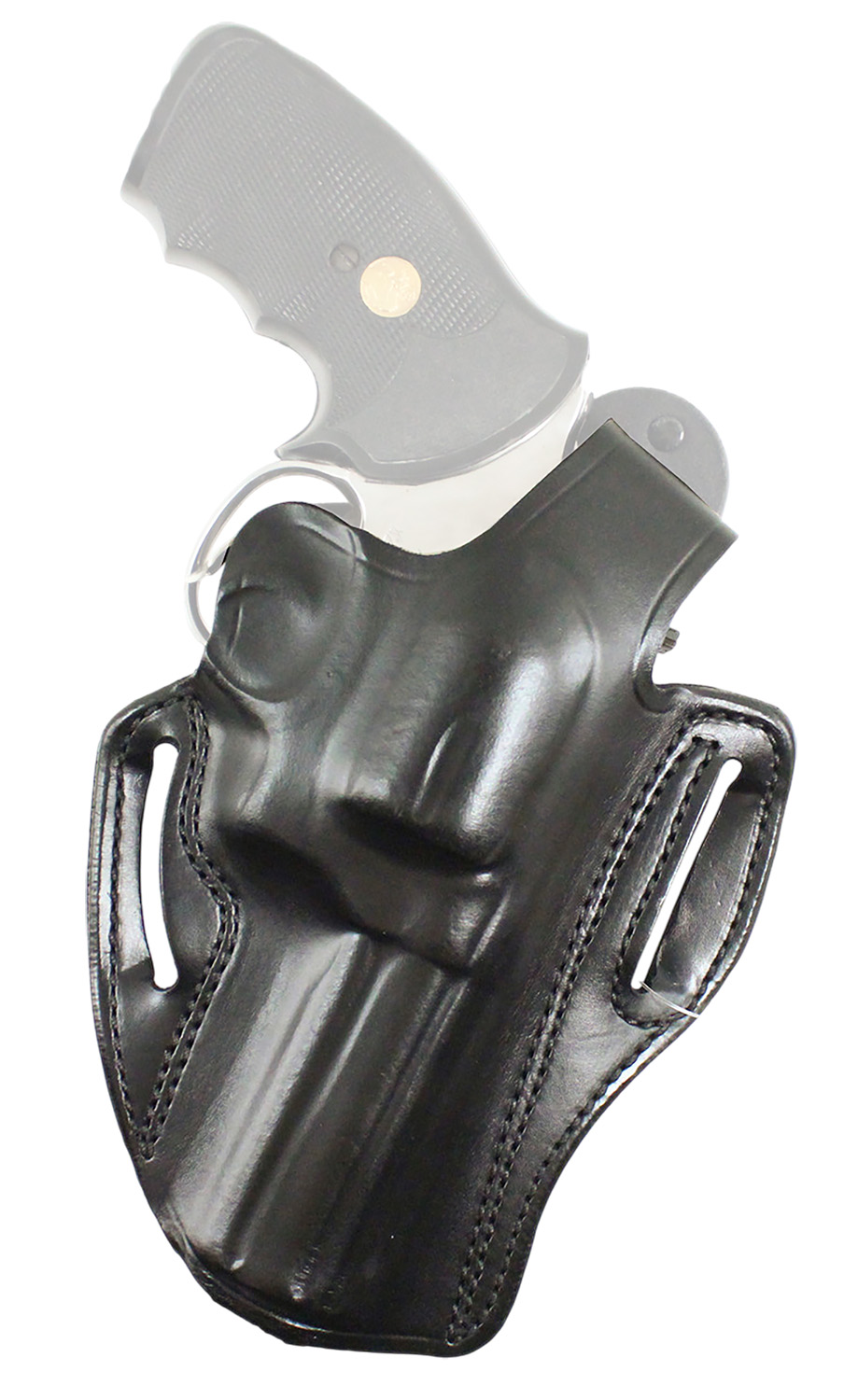 Revolver in black leather belt holster