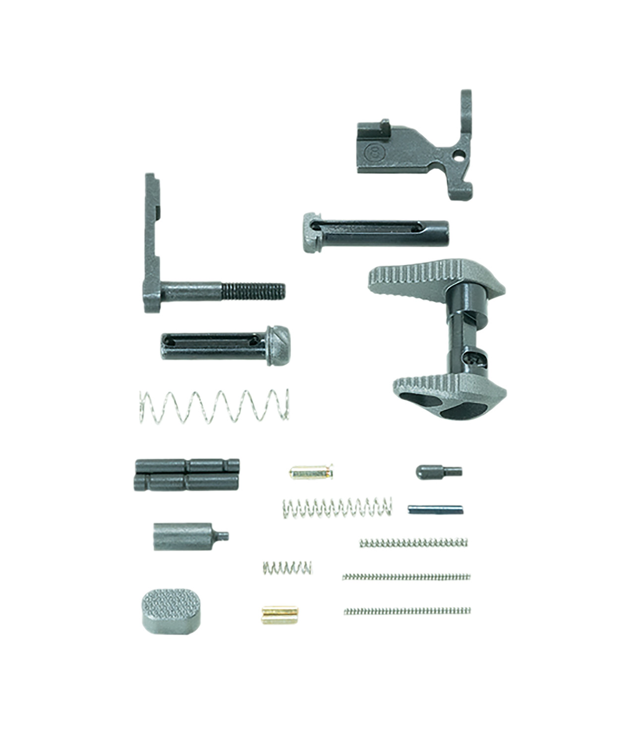 Assorted metal mechanical parts and springs on white
