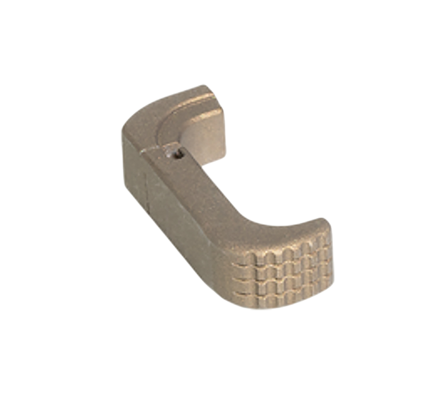 Small metal latch component with textured grip