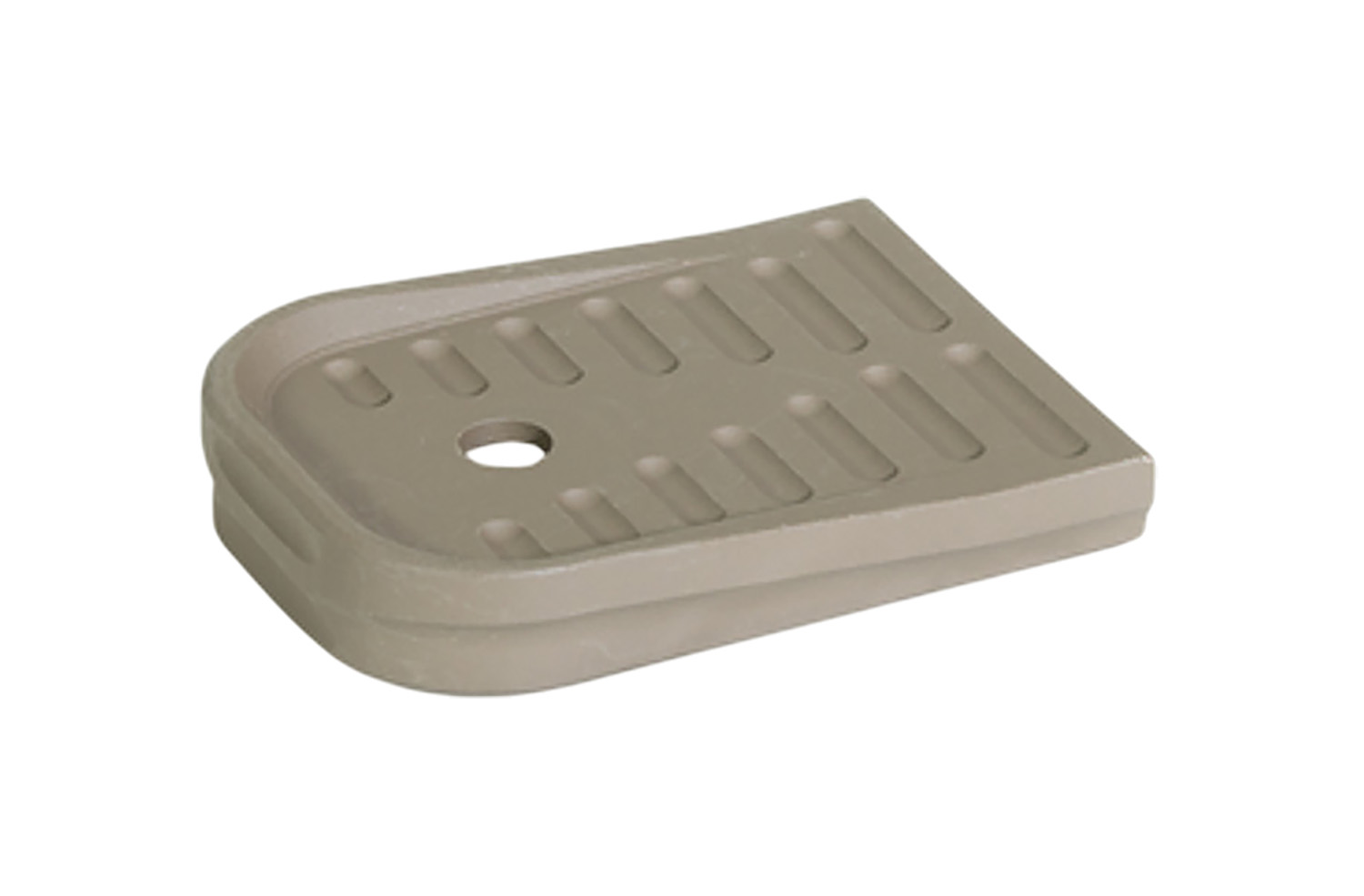 Beige plastic soap dish with drainage hole