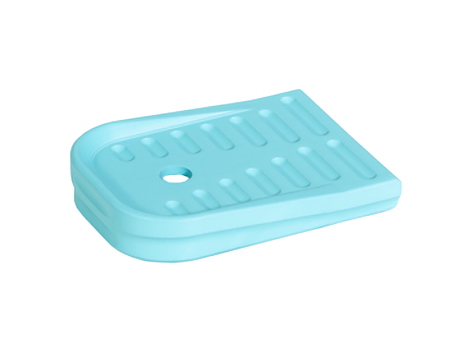 Light blue plastic soap dish with drain hole