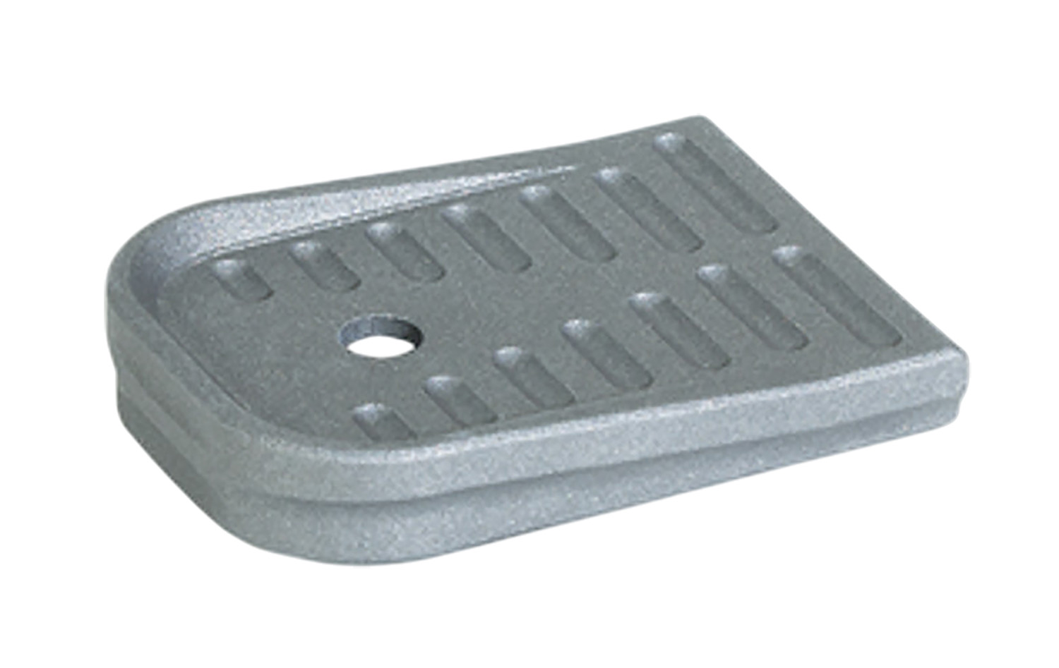 Gray metal soap dish with drainage hole