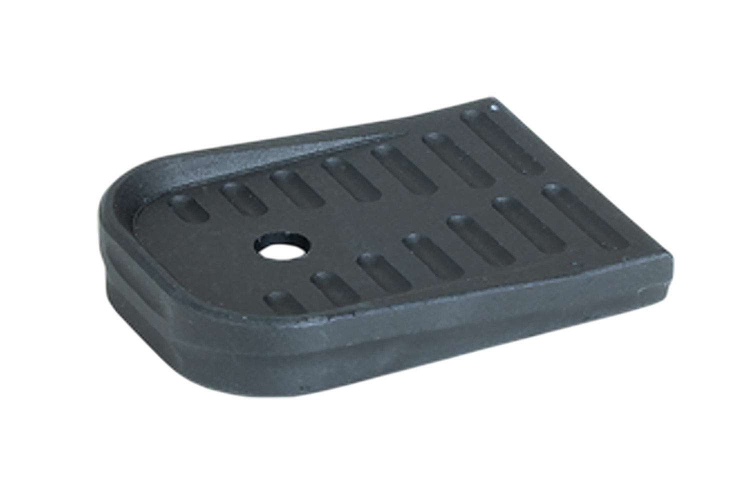 Black rectangular plastic drip tray with hole