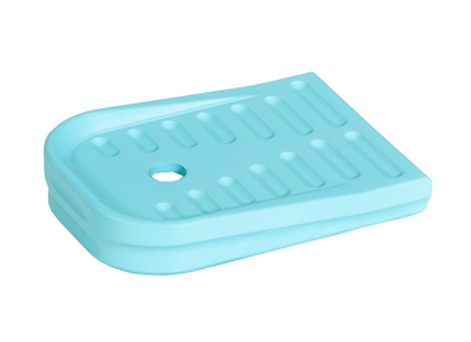 Light blue plastic soap dish with drainage hole