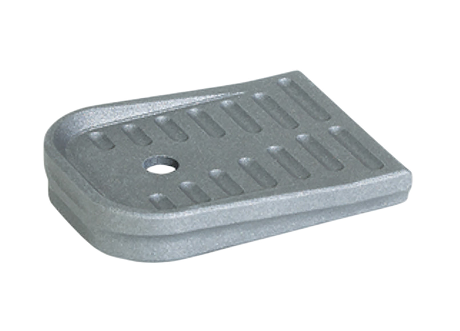 Gray rectangular metal plate with ridges and hole