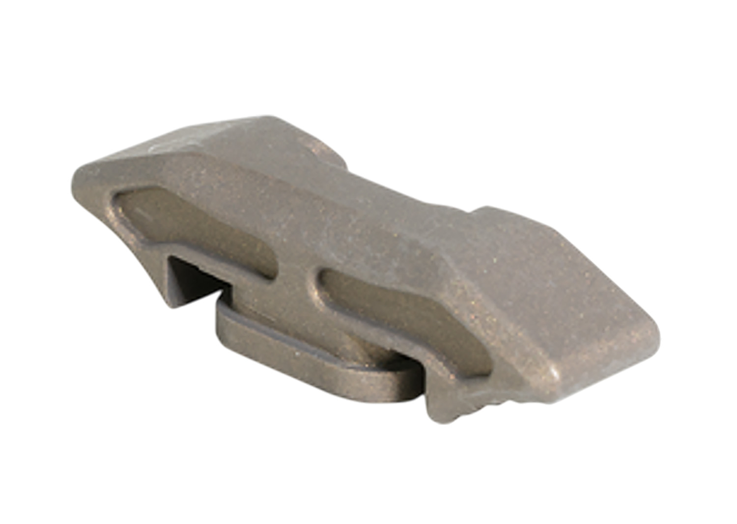 Small cast metal mechanical component on white background