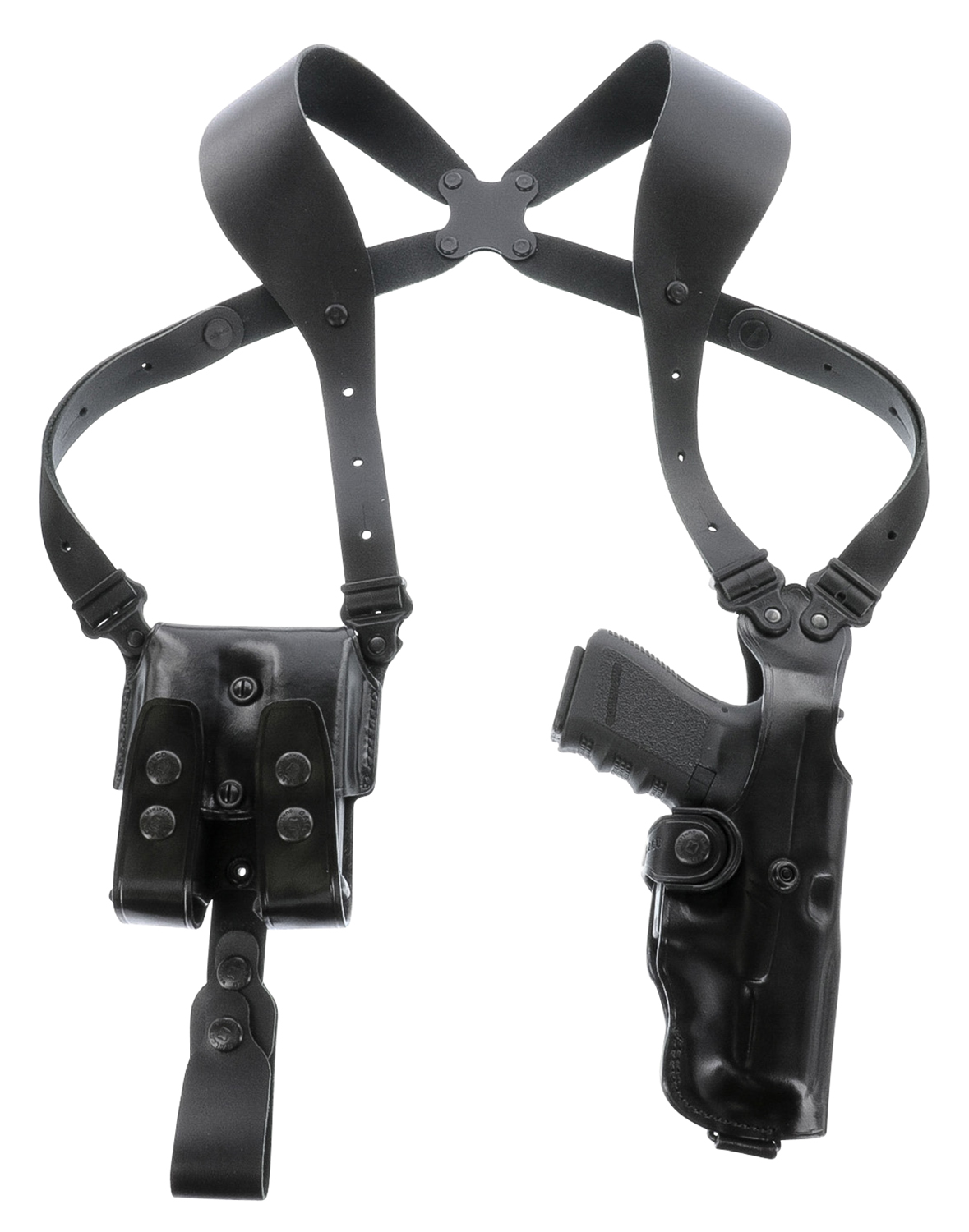 Black leather shoulder holster with handgun