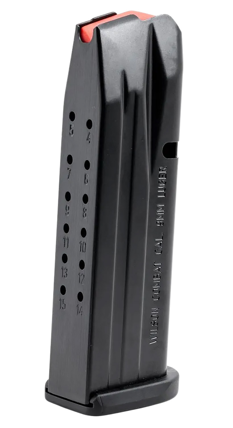 Black 9mm handgun magazine with red follower