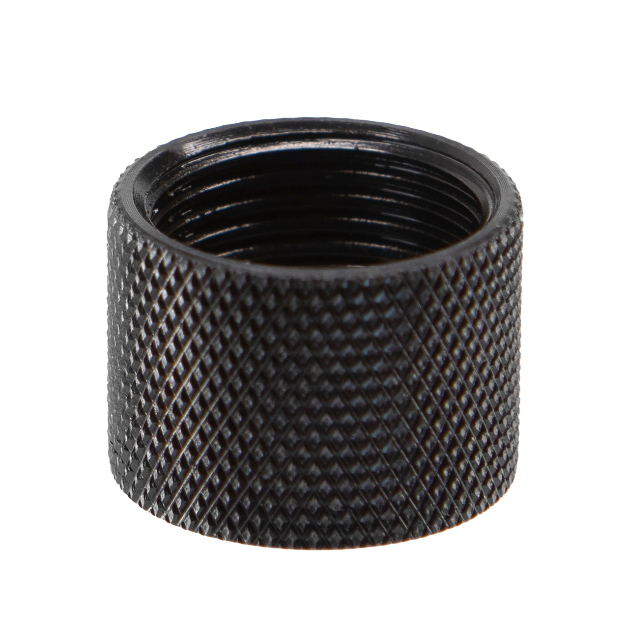 Black knurled metal threaded ring on white background