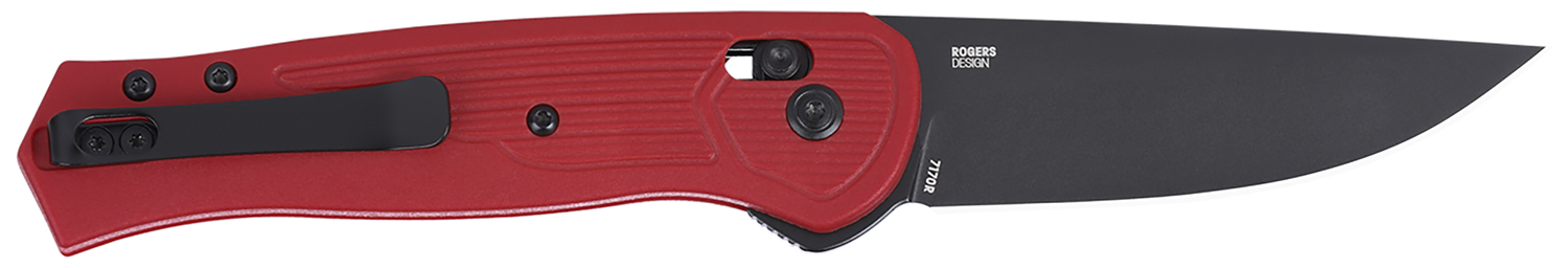 Red-handled folding knife with black blade