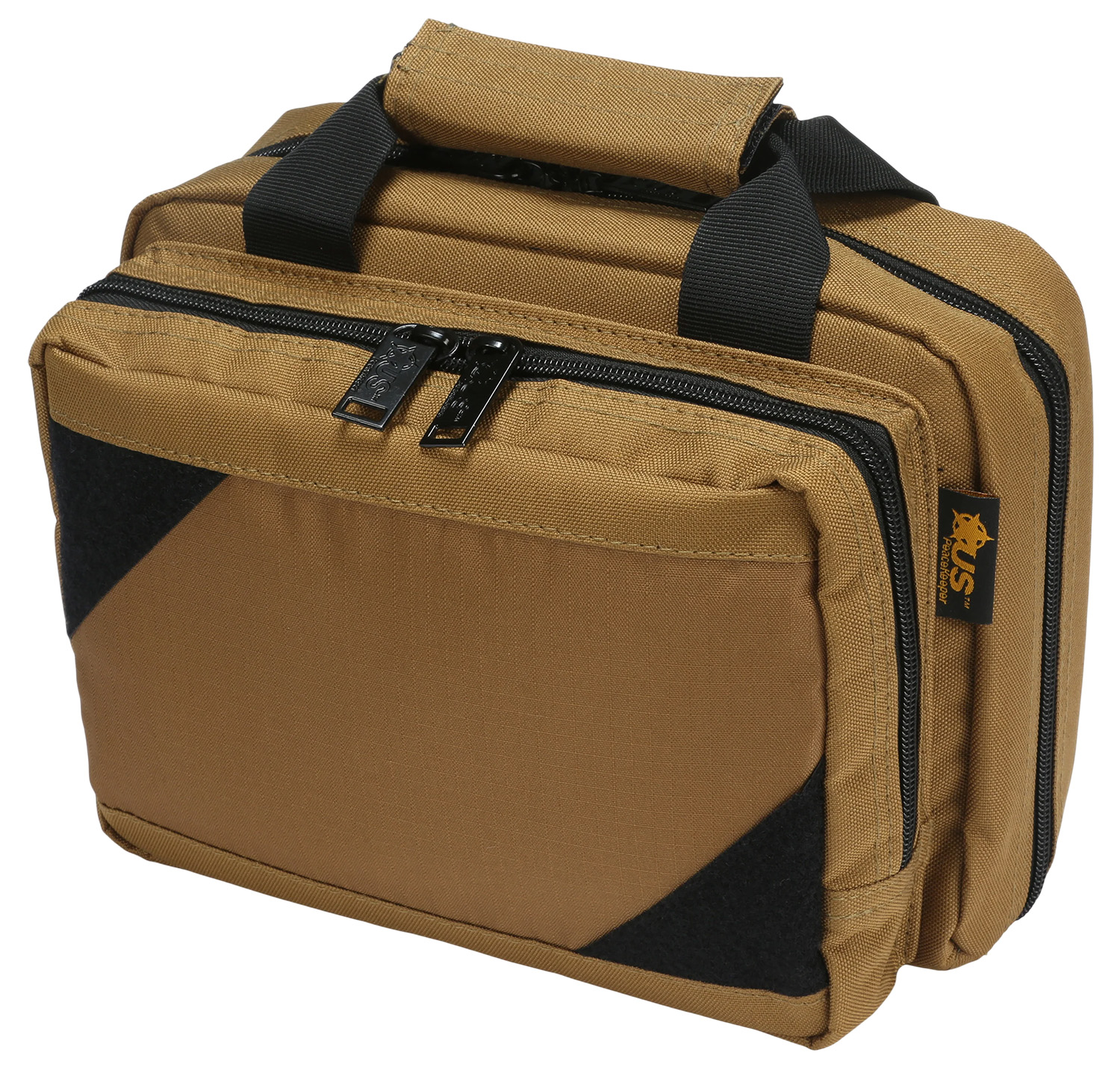 Tan canvas utility bag with black handles
