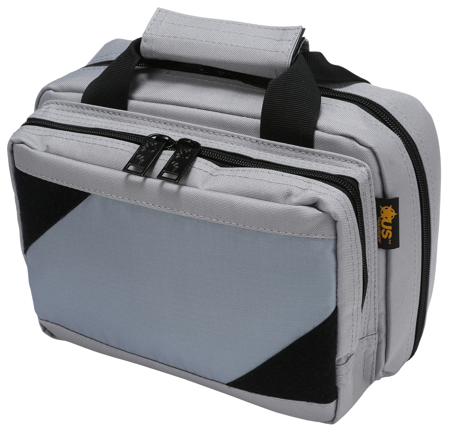 Gray insulated lunch bag with black handles