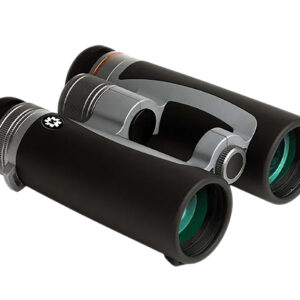 Black and silver binoculars with green lenses