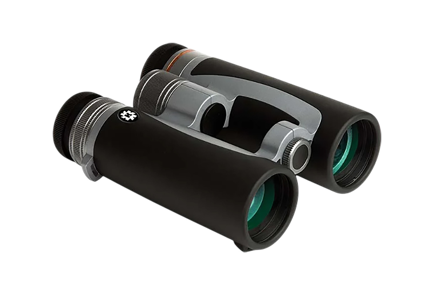 Black and silver binoculars with green lenses