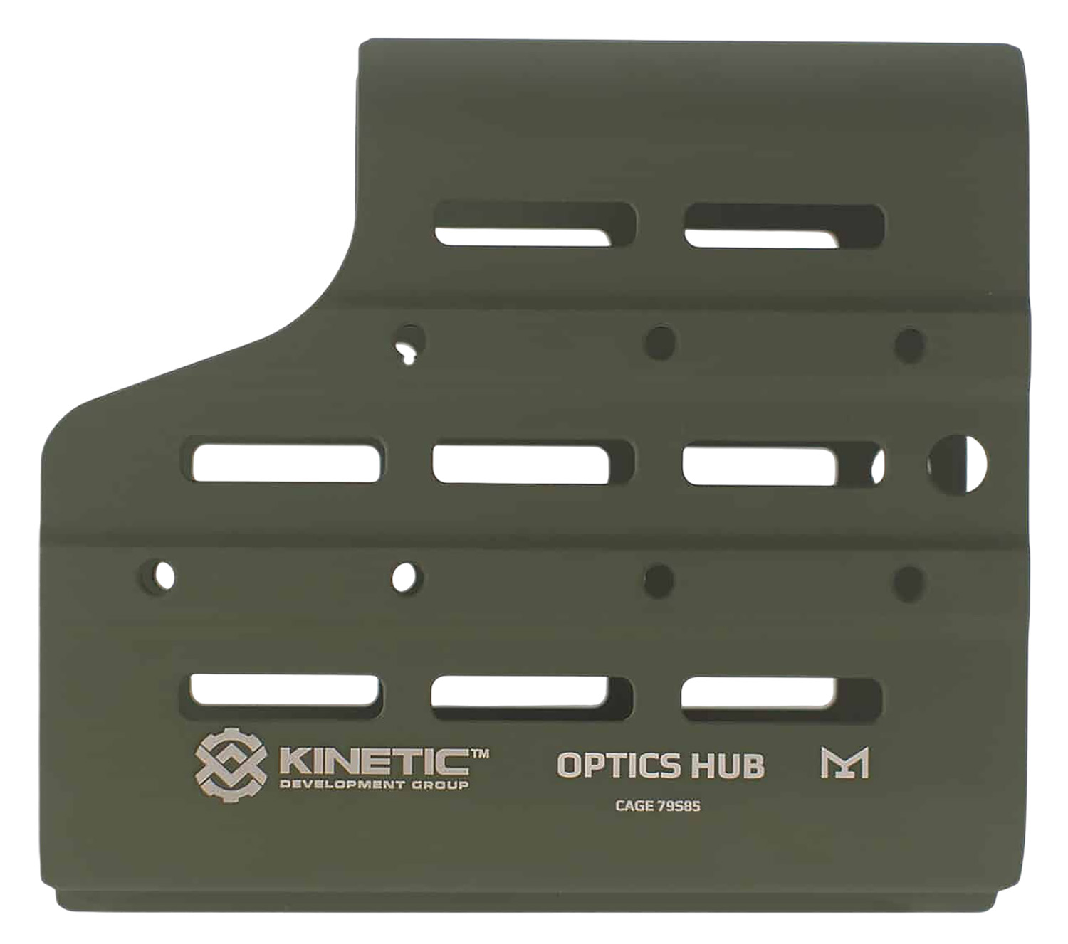 Green metal optics mounting plate with slots and holes