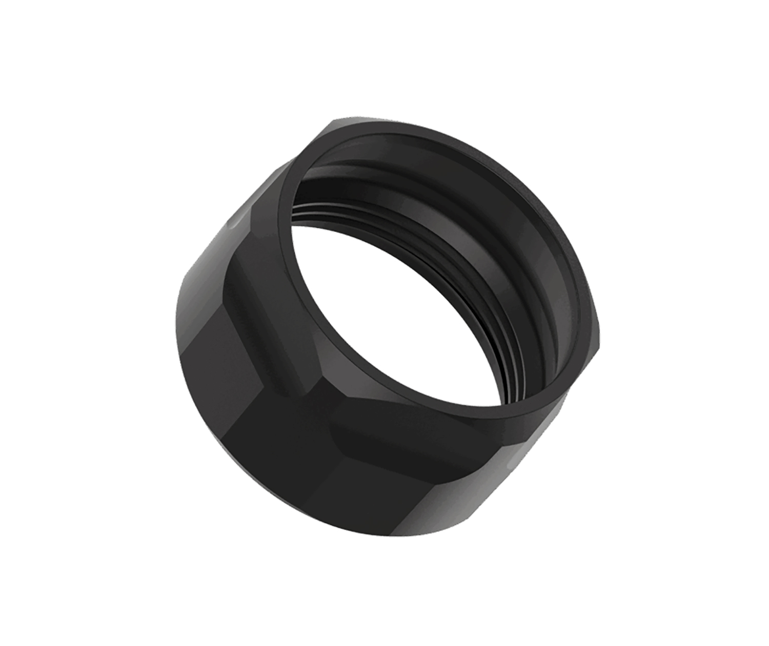 Black hexagonal threaded nut isolated on white background