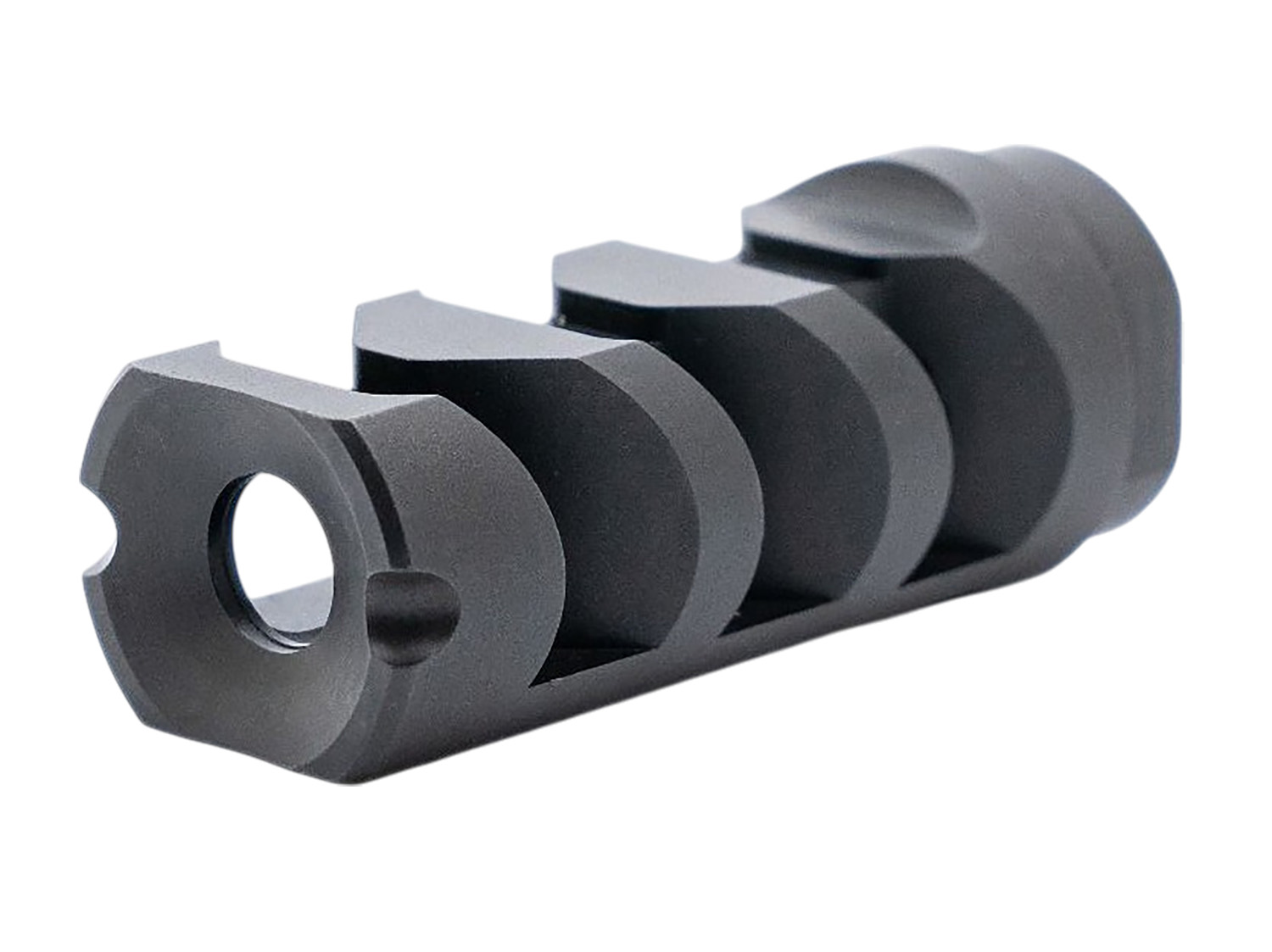 Black metal muzzle brake with side ports