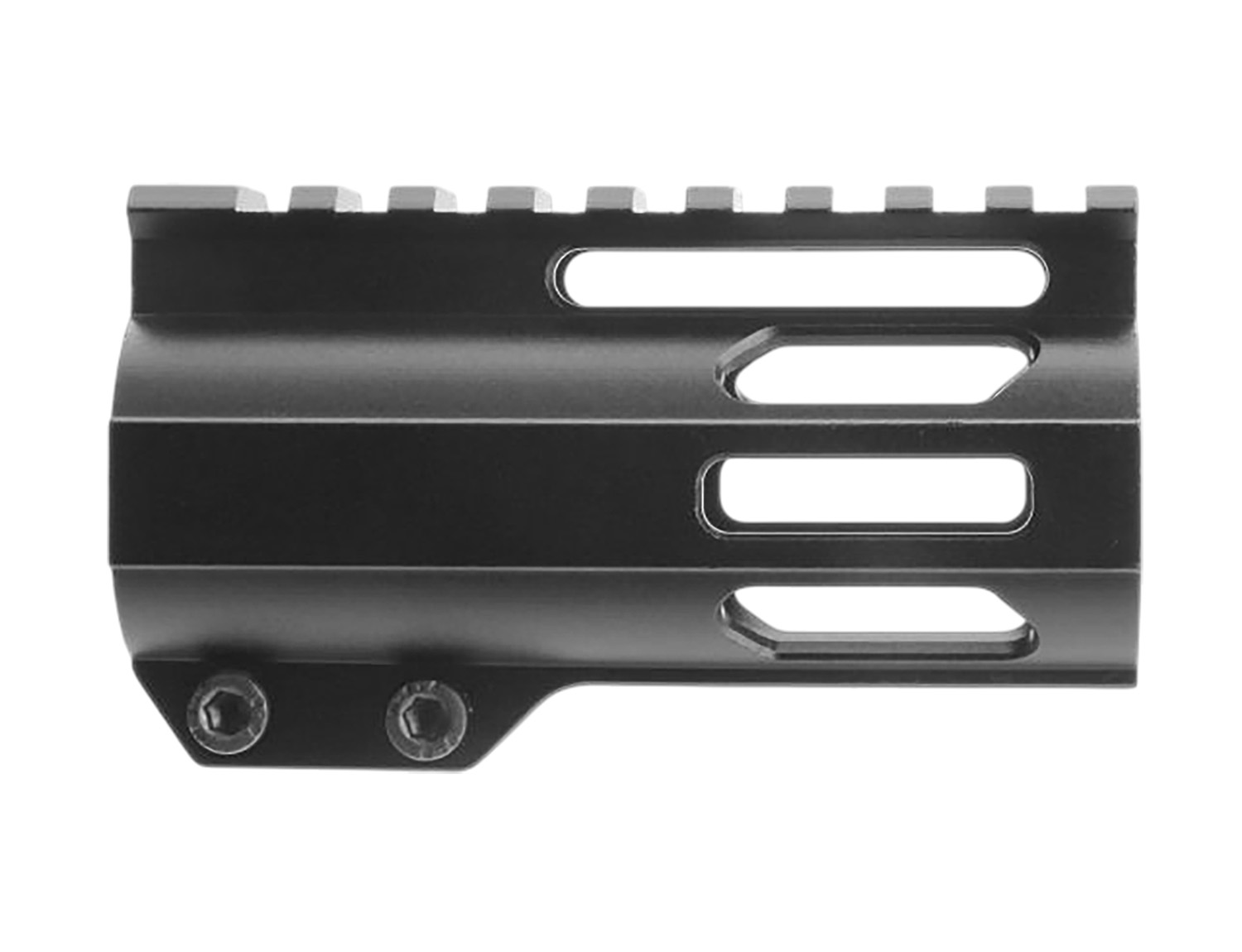 Black metal firearm handguard with rail slots