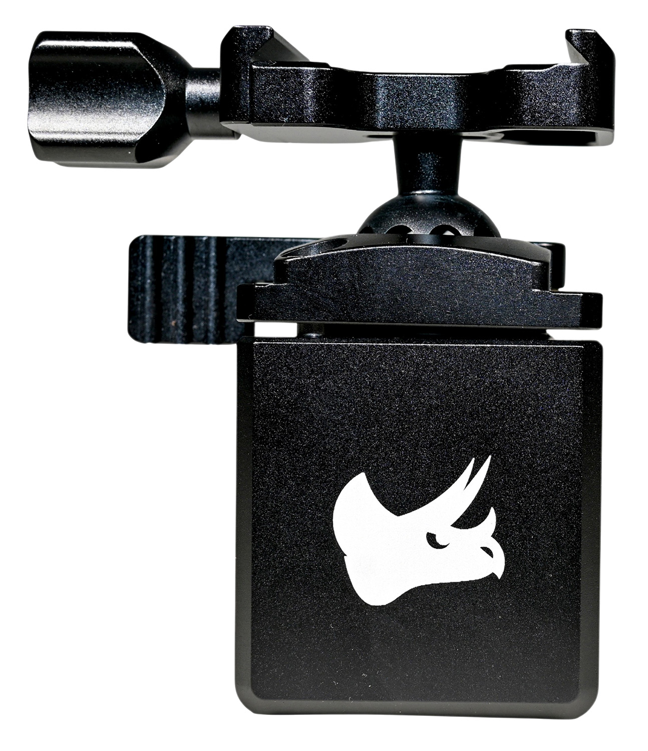 Black metal camera mount with rhino logo