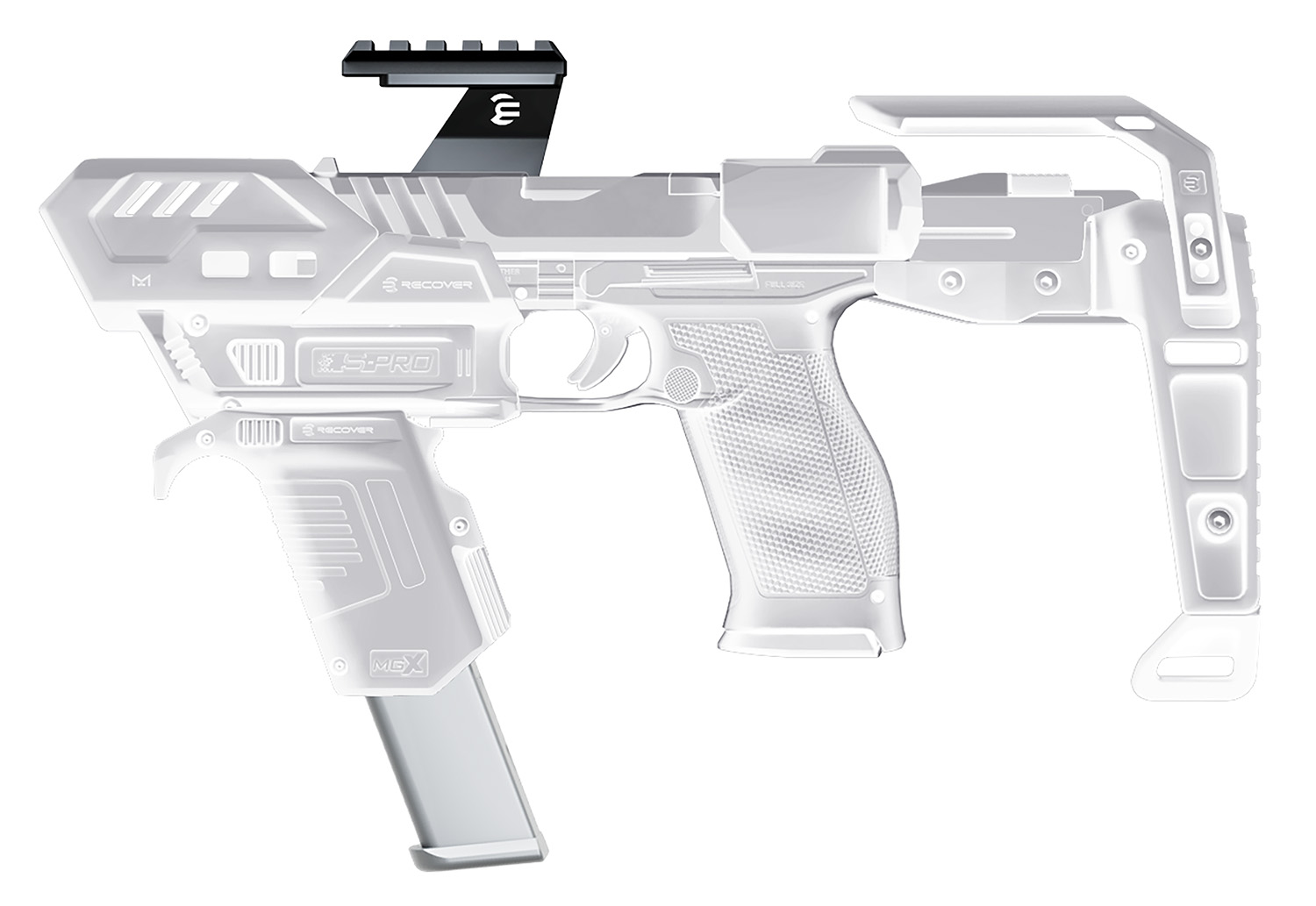 Futuristic handgun with extended magazine and stabilizing brace