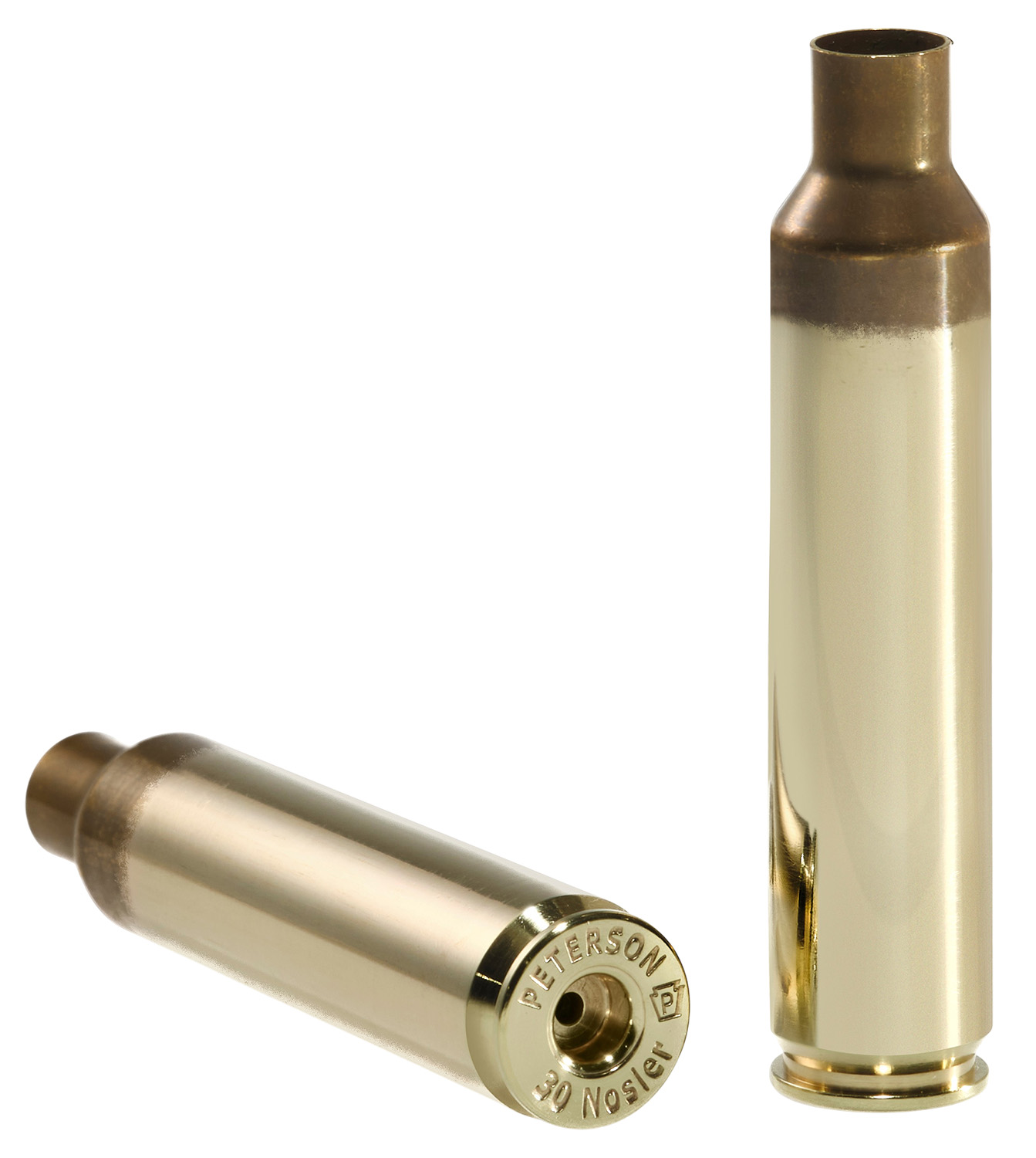 Two brass 30 Nosler rifle cartridges