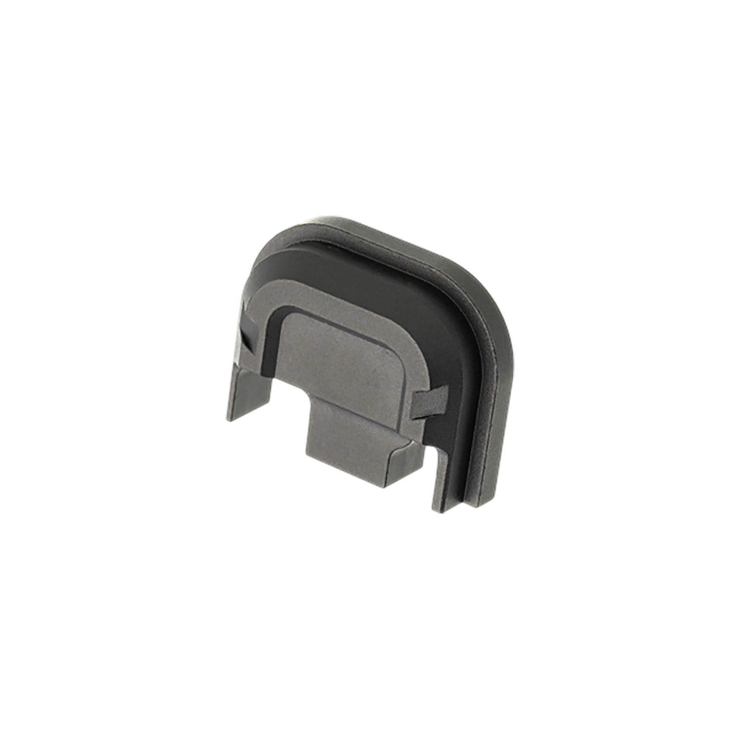Gray plastic end cap component on white background