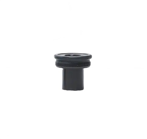 Black threaded plastic plug on white background