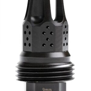 Black 9mm muzzle brake with vented ports