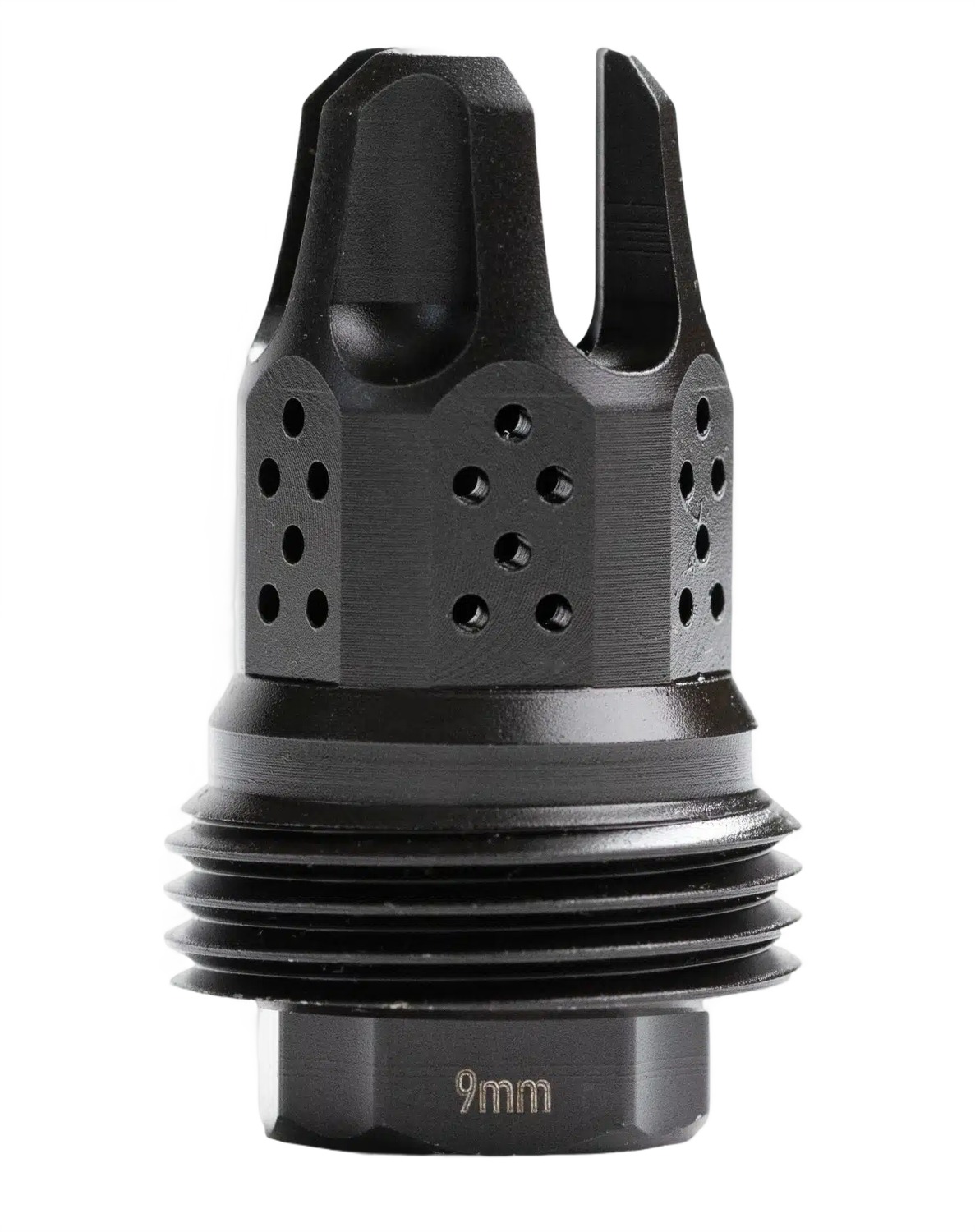 Black 9mm muzzle brake with vented ports