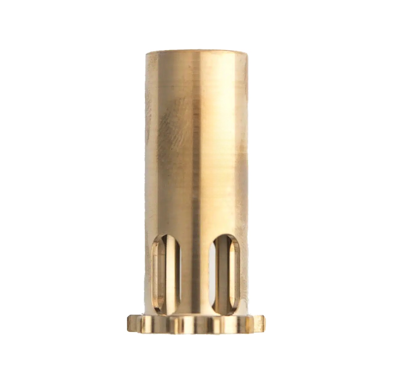 Brass cylindrical insert with slotted base openings
