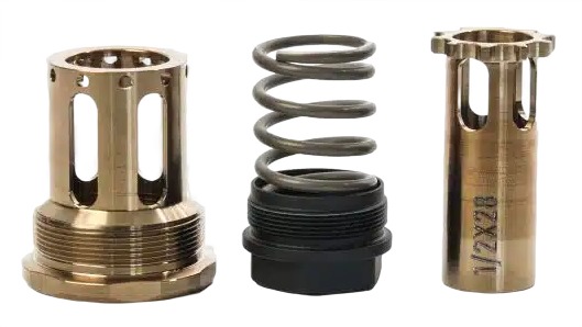 Brass valve components with spring and threaded base
