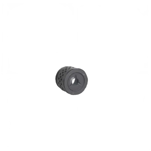 Small perforated cylindrical metal component on white background